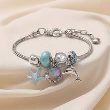 1 件海洋风格项链，带鱼尾、贝壳、海龟、海星、珍珠美人鱼尾巴、可调节铜手链，适合女性、海滩派对、度假和日常佩戴，馈赠佳品