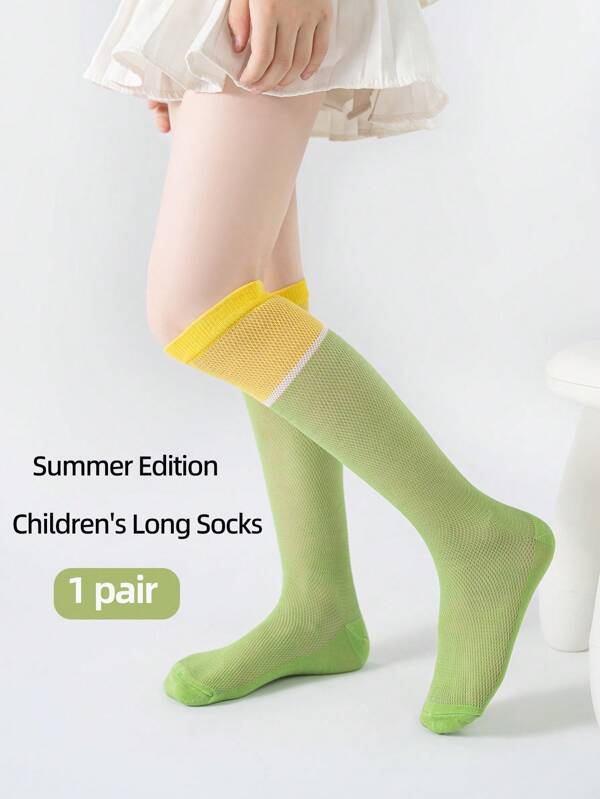 1 par de calcetines para niños, diseño transpirable de malla, bloqueo de colores, finos para el verano, calcetines largos por la rodilla estilo JK para niñas