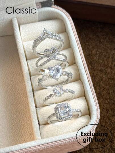 5pcs Elegant Copper Inlaid Cubic Zirconia Fashion Minimalist Sophisticated Rings Set, Suitable For Wedding, Party, Holiday Gift, Bride