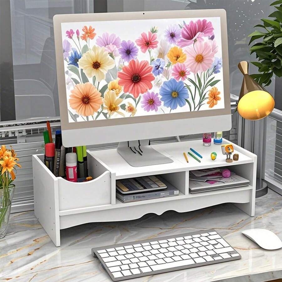 Multifunctional Computer Monitor Riser Stand, Desk Storage Drawer Organizer, Office Desktop Display Pedestal