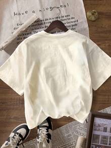 Women Casual Leopard Print & Letter Graphic Round Neck Short Sleeve T-Shirt, Summer - Light Apricot - View 2