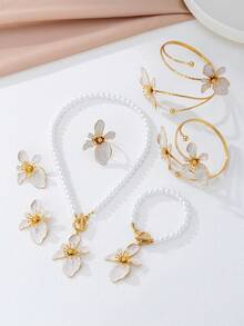 Bộ 7 món/Bộ trang sức dây chuyền, vòng tay, hoa tai, vòng tay, vòng lắc tay, nhẫn bằng kim loại tráng men màu trắng và ngọc trai, Bộ phụ kiện thời trang Châu Âu và Mỹ dành cho phụ nữ - trắng - Xem 7