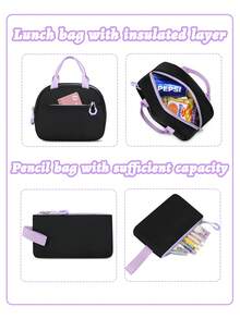 3件套心形图案女童背包套装，包含手提包和铅笔盒，轻便大容量书包，多口袋设计，可容纳15.6英寸笔记本电脑，紫色旅行背包，返校必备