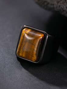 黑色粗戒指男士虎眼石戒指不锈钢铸造深色哥特式戒指朋克天然石首饰摇滚戒指日常佩戴男友礼物开业季礼物 - 虎眼石戒指 - 查看 3