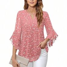 Timeson Women's 3/4 Sleeve Tops Dressy Casual Business Work Blouses Chiffon Office Shirts - Spotted Pink - View 3
