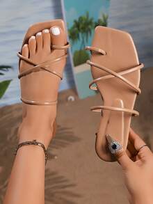 Women's Summer New Flat Sandals, Strap Slides Slippers, Elegant Comfortable Plus Size Square Toe Beach Shoes, Black, White, Beige, Khaki, Purple, Gold - Khaki - View 3