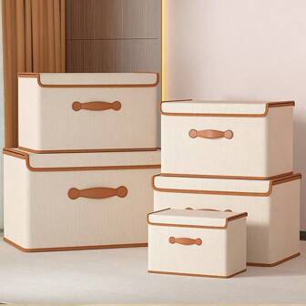 1 pièce Boîte de rangement pliable en lin avec couvercle et poignée, convient pour les vêtements, les couvertures, la maison, le bureau, le placard