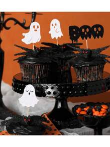 24 件万圣节鬼形蛋糕装饰、鬼形蛋糕装饰、生日派对装饰纸杯蛋糕签、节日家庭聚会派对用品、万圣节甜点蛋糕装饰 - 彩色 - 查看 2