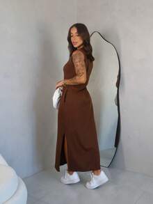 Long Dress With Slit And Pockets 100% Cotton - Óxido marrón - Ver 3