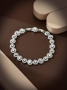 1 pieza Pulsera decorativa minimalista con cadena ovalada bañada en oro blanco de 18 K y piedras de circonita, adecuada para uso diario de mujer