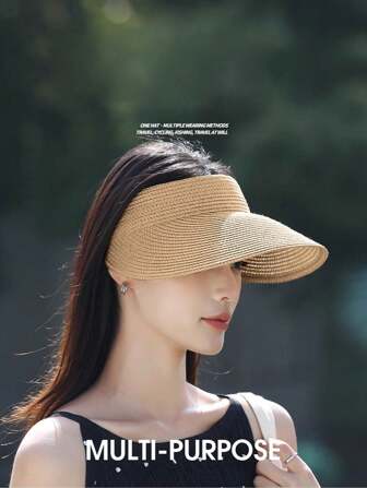1 pezzo Visiera parasole in paglia larga per donna, cappello protettivo solare estivo pieghevole e arrotolabile, cappello da sole in paglia con visiera, cappello di paglia vacanziero per vacanze estive