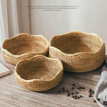 1pc Rattan Wave Rim Round Tray, Fruit Plate, Kitchen Storage Basket, Vegetable Basket, Handwoven Rattan Storage Bin - Brown - View 7