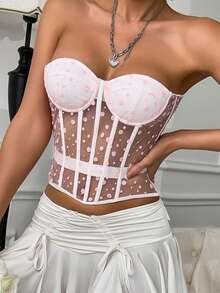 Women Corset Tube Tops Summer Dot Print Sheer Tie Up Bandeau Vest Backless Shirts For Streetwear Aesthetic Clothes - 粉色 - 查看 2