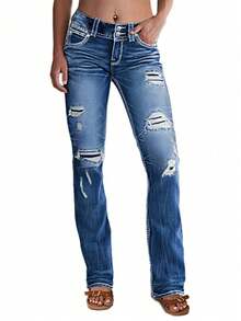Women's Tight Flared Jeans With Elastic Tear And Tear, Double Button Casual Tight And Sexy Flared Jeans - Rửa tối - Xem 5