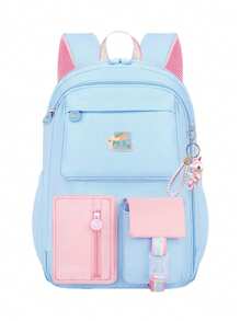 1 pieza Mochila con bloques de color adorable de dopamina (con colgante adorable), mochila grande para niñas, material de poliéster, cierre con cremallera, adecuada para la escuela, el trabajo, el viaje diario, de vuelta a la escuela como regalo