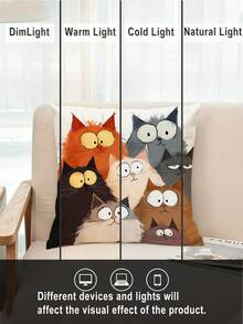 4pcs Cute Cartoon Cat Pattern Pillow Covers, Simple Cartoon Style Square Faux Linen Hidden Zipper Single-Sided Print Cushion Cover, Not Including Pillow Inner, Suitable For Farmhouse, Living Room, Bedroom, Sofa Decoration - Gray Brown - View 6