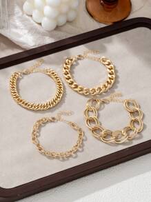 4Pcs Simple Punk Chunky Chain Bracelet Set Metal Link Chain Combo, Ensemble With Rope,And Twisted Designs Multi Layered Bracelet Women's Holiday Dating Gift Daily Matching