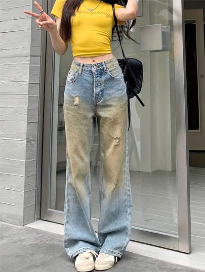 做旧复古直筒牛仔裤，百搭修身破洞裤，适合女性度假休闲春季穿着