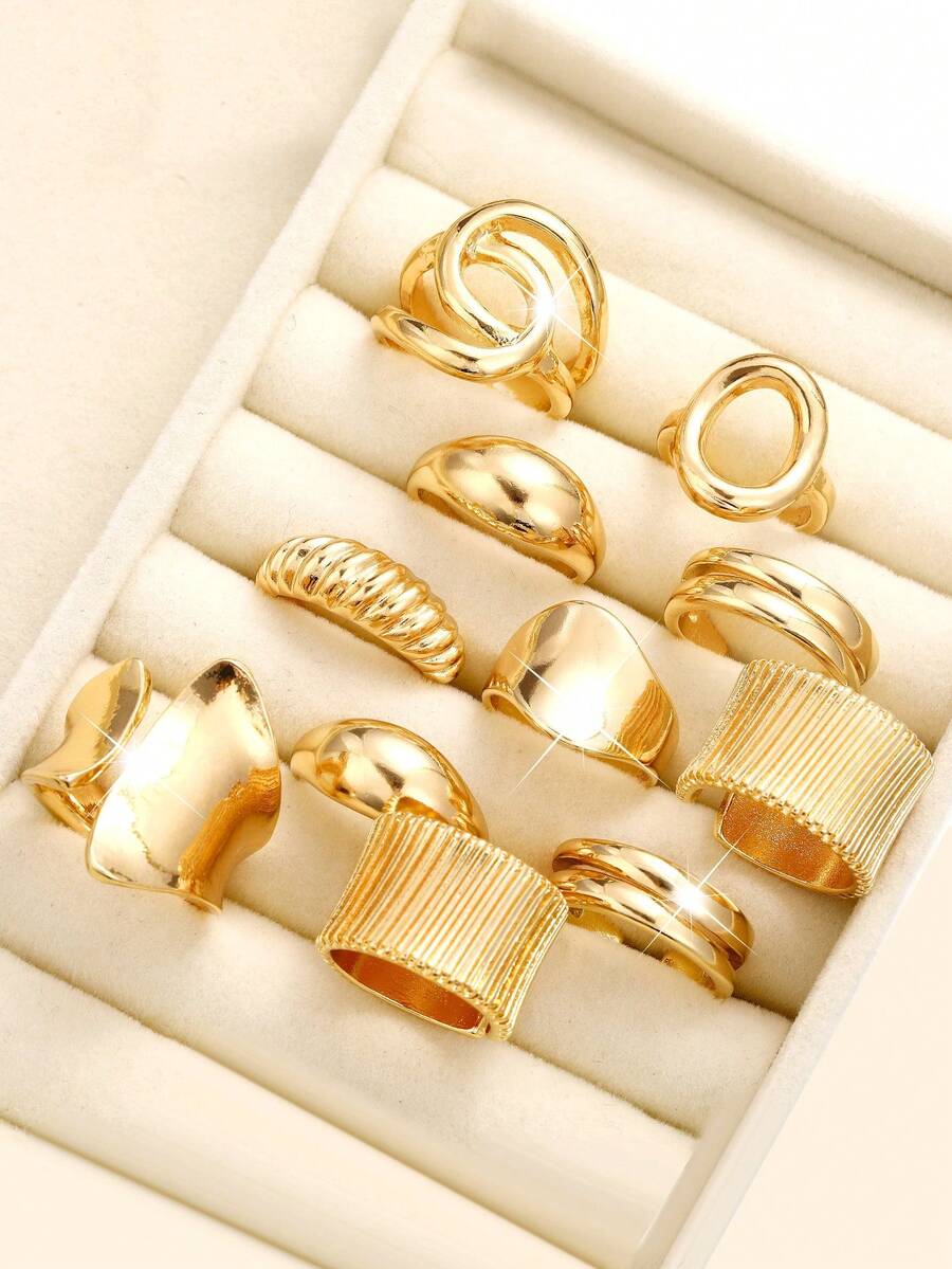 Bộ 14 chiếc nhẫn cocktail sang trọng gợi cảm CCB, trang sức thời trang hàng ngày, tiệc tùng, cưới, quà tặng cho bạn gái, bạn bè - Vàng 2 - Xem 1