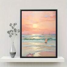1pc Unframed Coastal Sunset Canvas Print Posters - Pink Beach Scenery With Sailboat, Modern Wall Arts For Living Room, Bedroom, Office, Waterproof, Perfect Gift And Decoration, Bedroom Wall Arts | Sunset Beach Scene | Art Wall Hanging, Beach Theme Decor - Multicolor - View 6