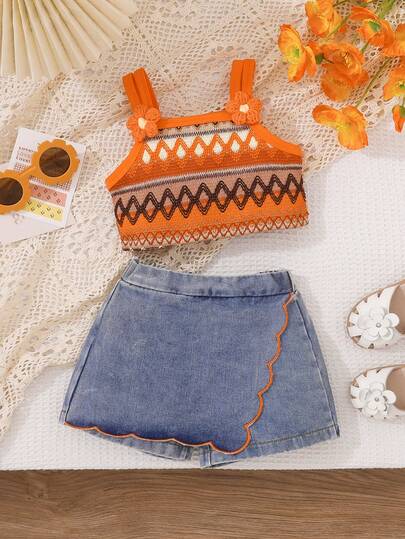 2 件套女婴可爱服装，吊带上衣和牛仔短裤套装，舒适时尚的婴儿夏装，适合休闲户外