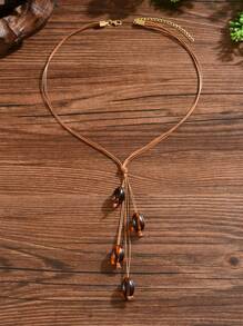 1pc Bohemian Style Elegant Oval Tassel Y-Shaped Long Necklace, Suitable For Women's Daily Wear Or Beach Vacation
