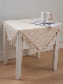 Tokoto 1 件米色镂空桌布，波西米亚现代亚麻方形桌布，适合圣诞节、万圣节装饰、派对、小桌子、床头柜、沙发、餐具柜、季节 - 米色 - 查看 4