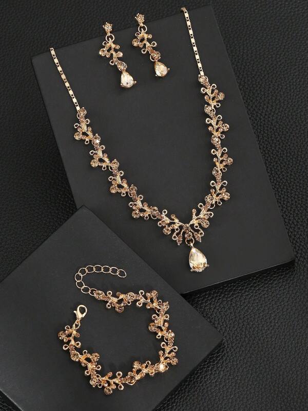 Conjunto de 4 piezas de accesorios de joyería nupcial con rhinestones que incluye collar, aretes y pulsera, para novia, boda, cena, actuaciones en el escenario