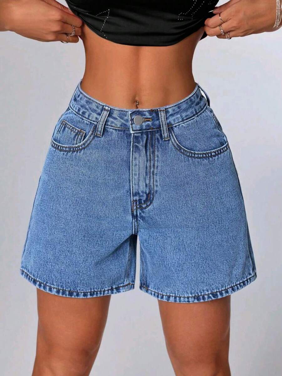 Pantalones cortos vaqueros de cintura alta, versátiles, con lavado vintage, de corte holgado y longitud hasta la rodilla, de estilo retro casual para el verano - Azul lavado medio - Ver 1