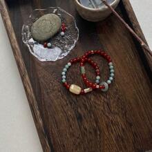 2pcs Chinese Style Minimalist Natural Stone Bracelets, Vintage Niche Design Cool Touch Stacked Bracelets, Women Natural Red Agate Beaded Bracelet, Holiday Gift