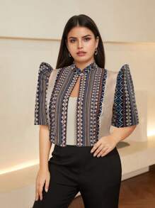 Amyenjoylife Modern Filipiniana 1PC Plus Size Women's Fashion Semi-Transparent Fabric Splicing Stand-Up Collar Design Sense Elegant Top, Button-Up Blouse Spring And Summer Bolero Filipiniana For Women
