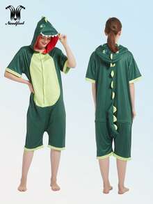 Pijama entallada infantil en forma de animal para verano, adecuada para niños y niñas de 4 a 13 años, de diseño neutro. Con motivos cartunescos suaves, es cómoda y apta para usar en el hogar, en actividades cotidianas y hasta para salir. Es un pijama entallado corto. - Verde - Ver 1