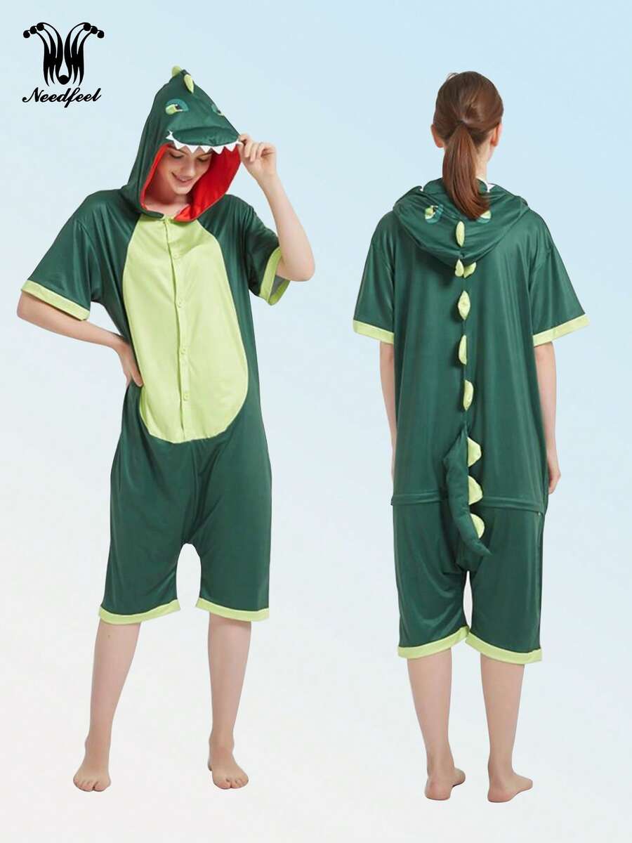 Pijama entallada infantil en forma de animal para verano, adecuada para niños y niñas de 4 a 13 años, de diseño neutro. Con motivos cartunescos suaves, es cómoda y apta para usar en el hogar, en actividades cotidianas y hasta para salir. Es un pijama entallado corto. - Verde - Ver 1