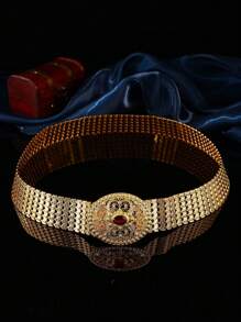 1 pieza Cinturón de bata marroquí chapado en oro metálico, con patrón floral grabado y acentos de rubí sintético, cinturón de joyería para batas de damas árabes, bodas y fiestas
