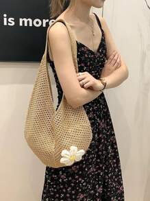 Hollow Out Knitted Tote Bag, Large Capacity Women's Handbag Beach Bag, Unlined, Made Of Polyester Fiber, Suitable For Summer Beach Vacation, Casual Party Gift