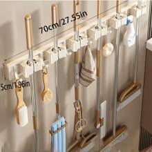 1pc Wall-Mounted Metal Broom Holder Rack With Adjustable Hooks, Suitable For Bathroom, Kitchen, Garden, Laundry Room, Garage Storage Organizer - Powder Coated Surface, Space-Saving Rack For Broom, Mop, Tools, Shelves