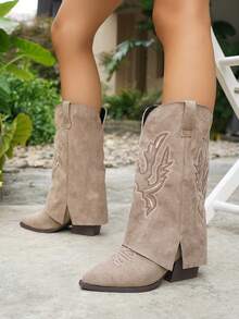 女士厚底尖头褶皱踝靴，短款西部刺绣靴，2025秋冬新款，牛仔靴 - 卡其色 - 查看 7