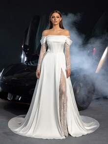 Off-The-Shoulder Lace Sleeve High Slit Wedding Dress | Classic Satin Fabric With Luxurious Train | Elegant Bridal Gown For Wedding Ceremony, Church Service, Red Carpet, Luxury Wedding Reception, Bridal Photoshoot - White - View 1