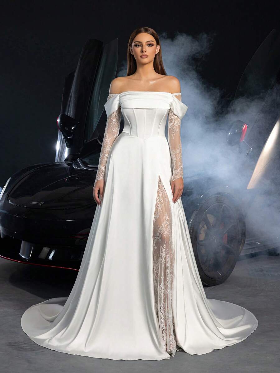 Off-The-Shoulder Lace Sleeve High Slit Wedding Dress | Classic Satin Fabric With Luxurious Train | Elegant Bridal Gown For Wedding Ceremony, Church Service, Red Carpet, Luxury Wedding Reception, Bridal Photoshoot - White - View 1