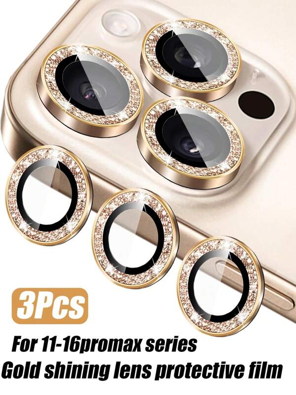 3 paquetes de protector de lente de metal de vidrio para iPhone 17 16 16Promax 15 14 13 12 11 14 Pro Max, película protectora para lente de cámara trasera para iPhone 13 Mini 14 15 Plus - Dorado