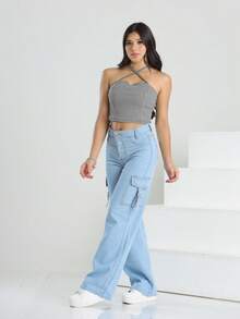Calça infantil Jeans Menina Cargo Blogueirinha Street Moda Kids - Azul - Visão 4