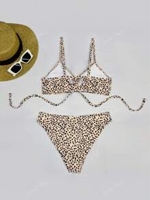 بكيني نسائي ذو طبعة نمر - قطعتين مع سلك V-شكل، قطع عالية مع أشرطة رفيعة وخصر مربوط، مصنوع من خليط مرن من البولي إستر والسبانديكس، قابل للغسل بالغسالة - مثالي للشاطئ والحمام، بكيني عالي الخصر