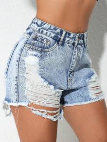 ICON Women'S Spring And Summer Slant Pocket Non Elastic Punch Washed Denim Shorts - White - View 5