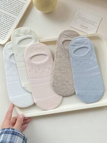 5 Pairs Women Solid Color Boat Socks, Invisible Silicone Non-Slip Breathable Hollow Out Thin Casual Socks