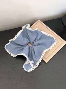 1pc Vintage Denim Blue Bowknot Hair Scrunchie, Elegant Lace Trim Hair Tie, Hair Accessories For Ponytail