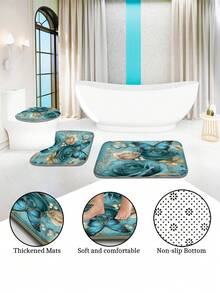 1pc/4pcs Floral Butterfly Multifunctional Bath Decor Set, Including Waterproof Shower Curtain With 12 Hooks, Anti-Slip Bath Mat, U-Shaped Toilet Mat, And Round Toilet Lid Cover, Ideal For Bathroom Scenes Bathroom Accessories Back To School