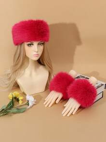 2pcs/Set Fashionable Solid Color Faux Fur Soft Fluffy Warm Headband And Arm Warmers, Autumn/Winter