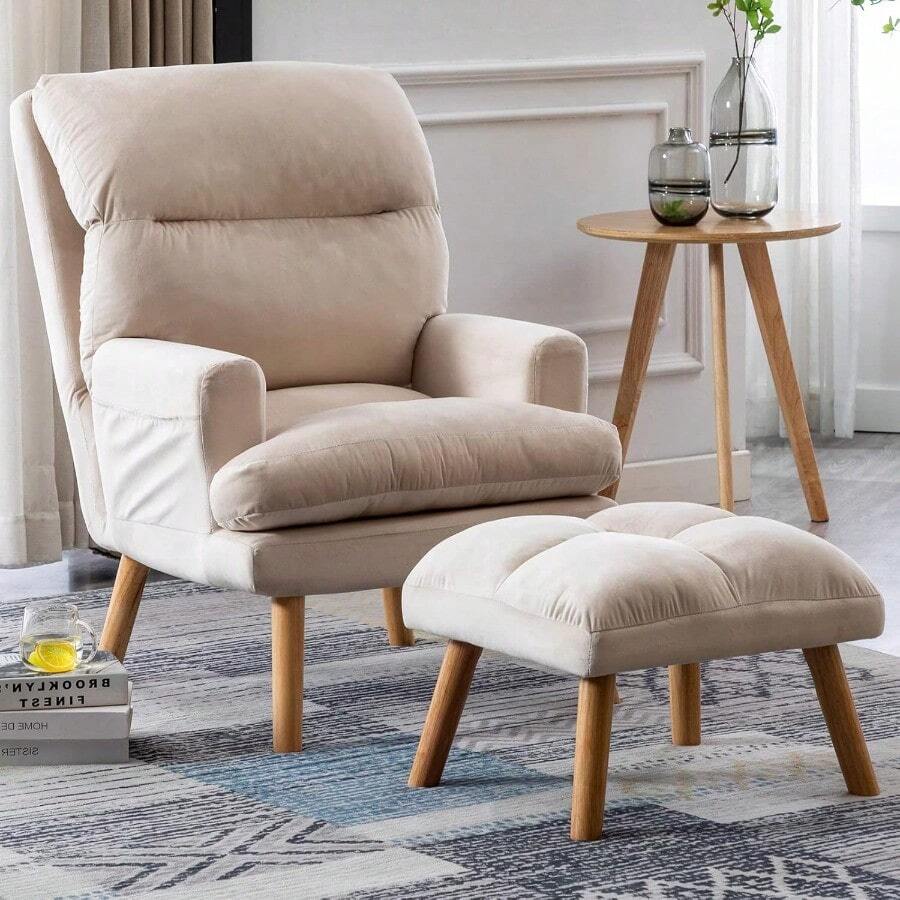 Modern Accent Chair With Ottoman Soft Fabric Armchair With Adjustable Backrest And Side Pockets Comfy Lounge Chair For Living Room Bedroom Apartment Office Beige - Beige - View 1