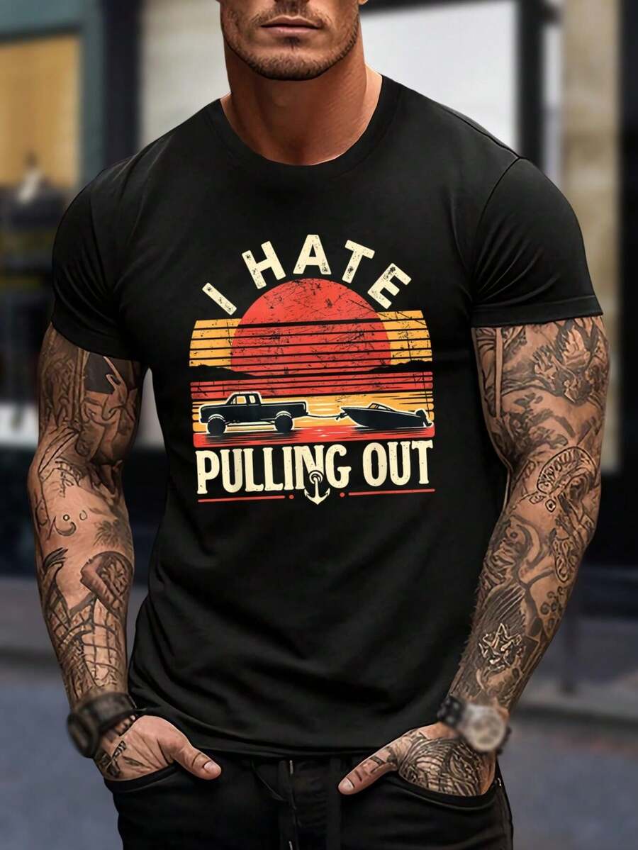 Camiseta divertida de barcos y camiones - Odio sacar - Camiseta gráfica retro con puesta de sol para hombres - Regalo novedoso para propietarios de barcos y camioneros - Negro - Ver 1