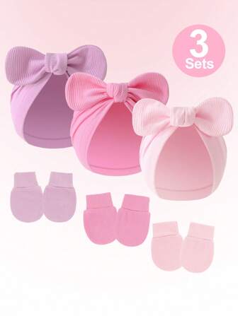 3 sets de gorro rosa para recién nacido, juego de gorro y manoplas anti-arañazos para bebés niñas de 0 a 3 meses, gorros de bebé y guantes esenciales suaves y transpirables para uso diario